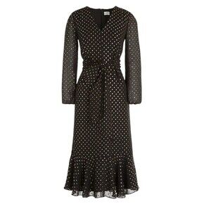 J.Crew Big Bow Midi Dress Black Gold Clip Dot Size 6 Party Holiday Tie Waist